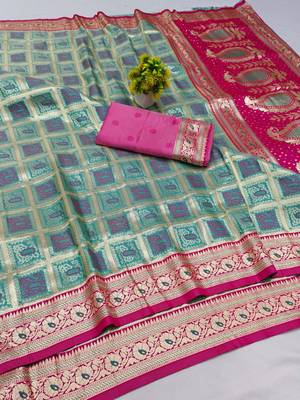 Blue zari woven silk blend saree with blouse piece 1