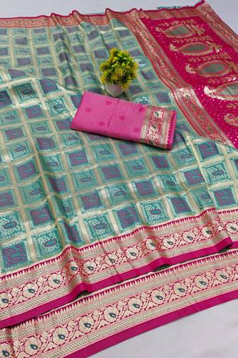 Blue zari woven silk blend saree with blouse piece