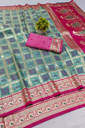 Blue zari woven banarasi silk blend saree with blouse piece