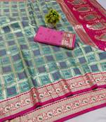 Blue zari woven banarasi silk blend saree with blouse piece