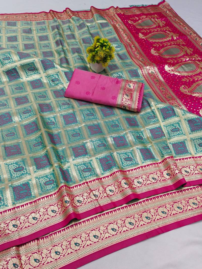 Blue zari woven banarasi silk blend saree with blouse piece