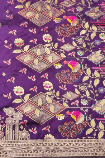 Wine zari woven paithani silk blend saree with blouse piece