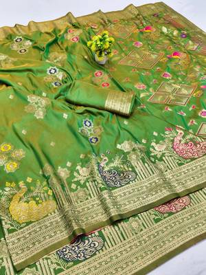 Green zari woven paithani silk blend saree with blouse piece 1
