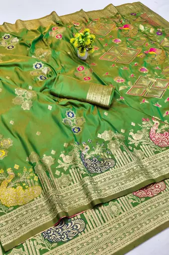 Green zari woven paithani silk blend saree with blouse piece