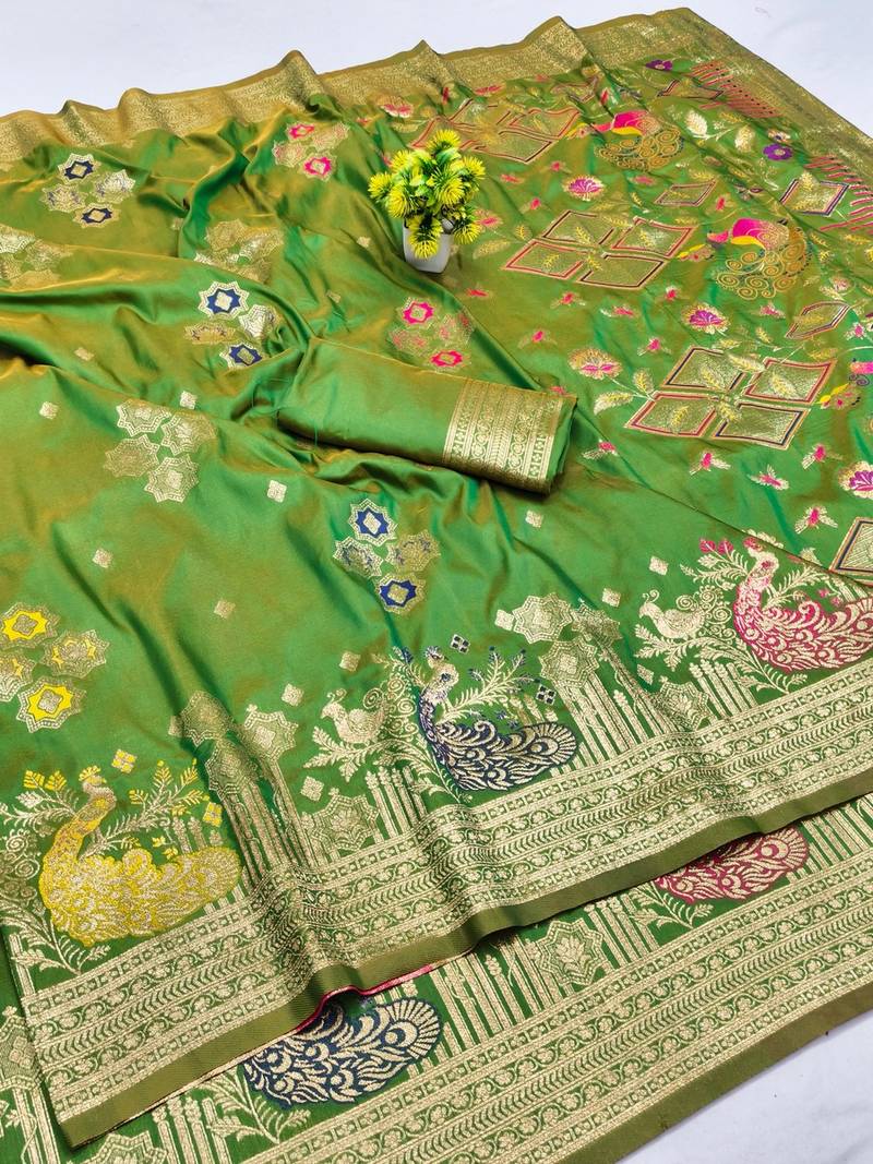 Green zari woven paithani silk blend saree with blouse piece