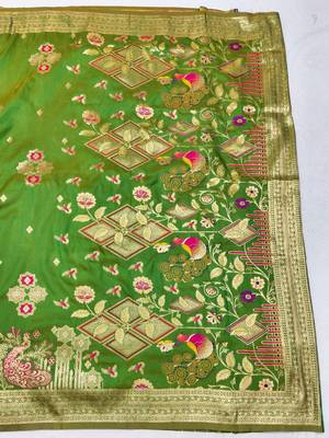 Green zari woven paithani silk blend saree with blouse piece 2
