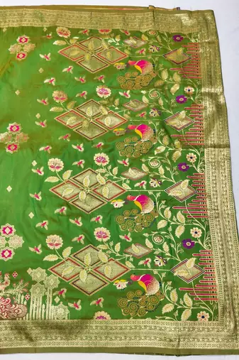 Green zari woven paithani silk blend saree with blouse piece
