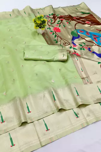 Light green zari woven paithani organza silk blend saree with blouse piece