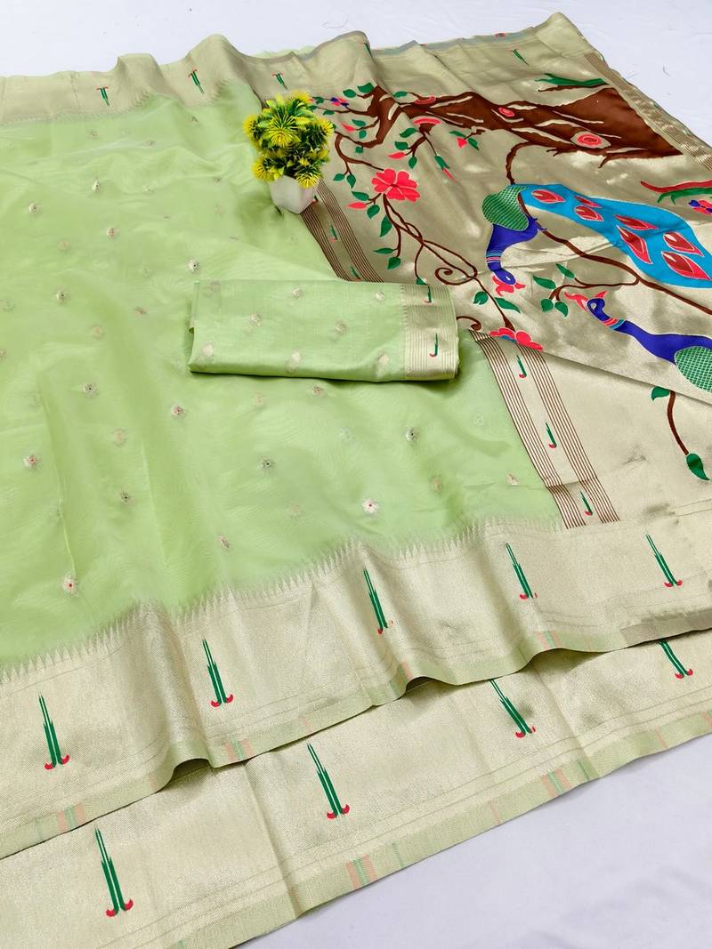 Light green zari woven paithani organza silk blend traditional saree with blouse piece