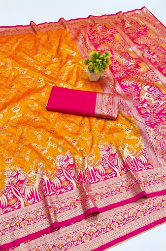 Mustard zari woven banarasi silk blend saree with blouse piece