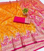 Mustard zari woven banarasi silk blend saree with blouse piece