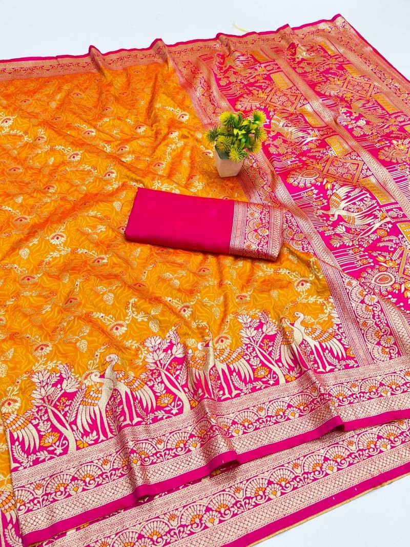 Mustard zari woven banarasi silk blend saree with blouse piece