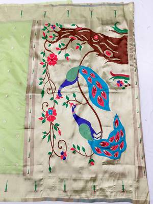 Light green zari woven paithani organza silk blend saree with blouse piece 2