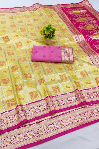 Yellow zari woven banarasi silk blend saree with blouse piece