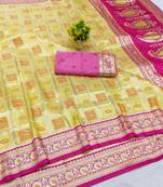 Yellow zari woven banarasi silk blend saree with blouse piece