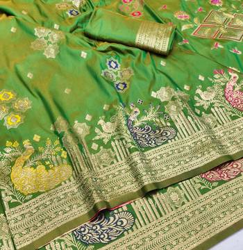 Green zari woven paithani silk blend saree with blouse piece 3