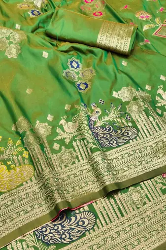 Green zari woven paithani silk blend saree with blouse piece