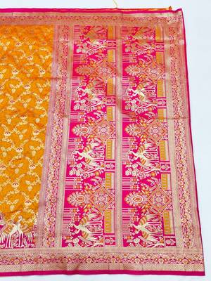 Mustard zari woven silk blend saree with blouse piece 2