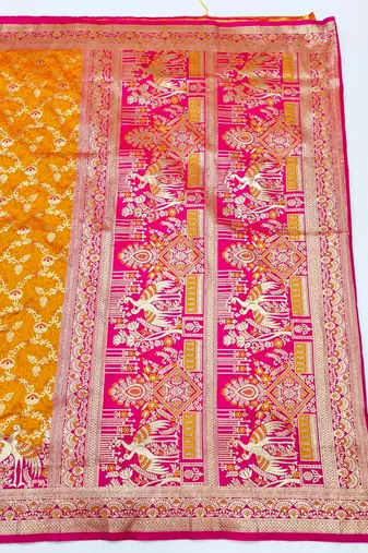 Mustard zari woven silk blend saree with blouse piece