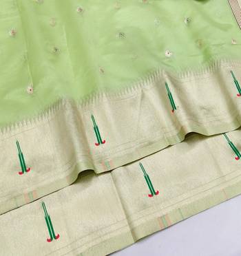 Light green zari woven paithani organza silk blend saree with blouse piece 3