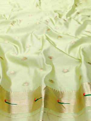 Light green zari woven paithani organza silk blend saree with blouse piece 4