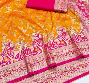 Mustard zari woven silk blend saree with blouse piece 3