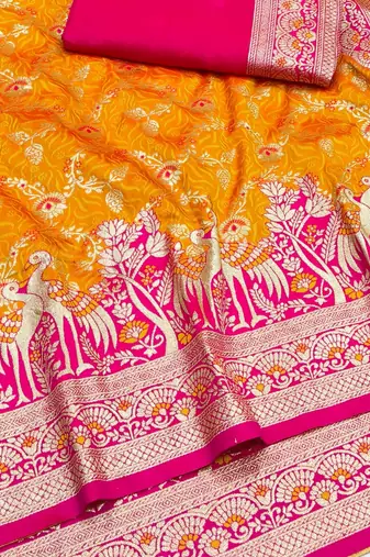Mustard zari woven silk blend saree with blouse piece