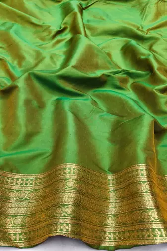 Green zari woven paithani silk blend saree with blouse piece