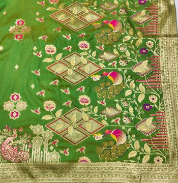 Green zari woven paithani silk blend saree with blouse piece 5