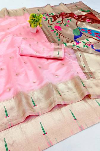 Pink zari woven paithani organza silk blend traditional saree with blouse piece