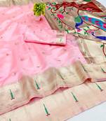 Pink zari woven paithani organza silk blend traditional saree with blouse piece