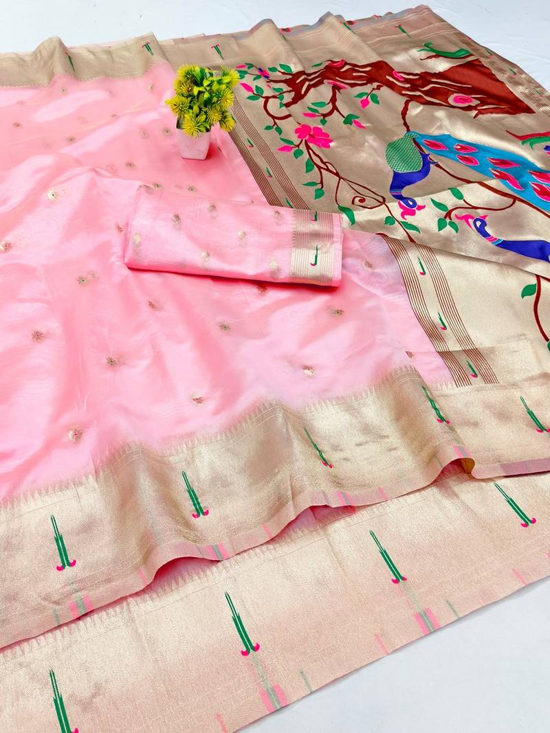Pink zari woven paithani organza silk blend traditional saree with blouse piece