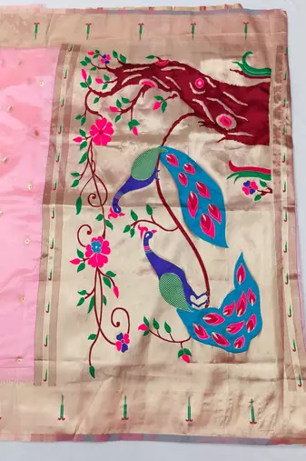 Pink zari woven paithani organza silk blend saree with blouse piece