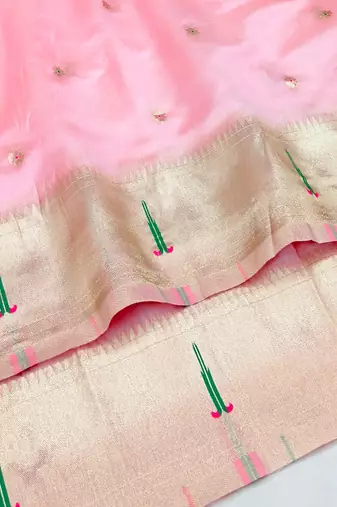 Pink zari woven paithani organza silk blend saree with blouse piece