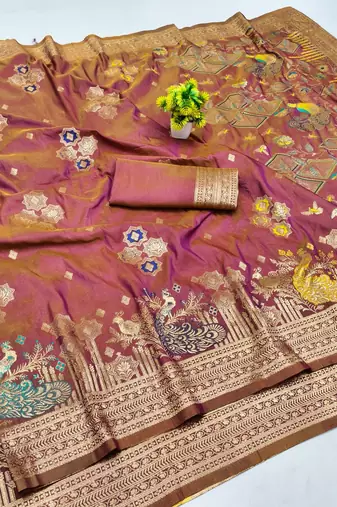 Multicolor pista zari woven paithani silk blend saree with blouse piece