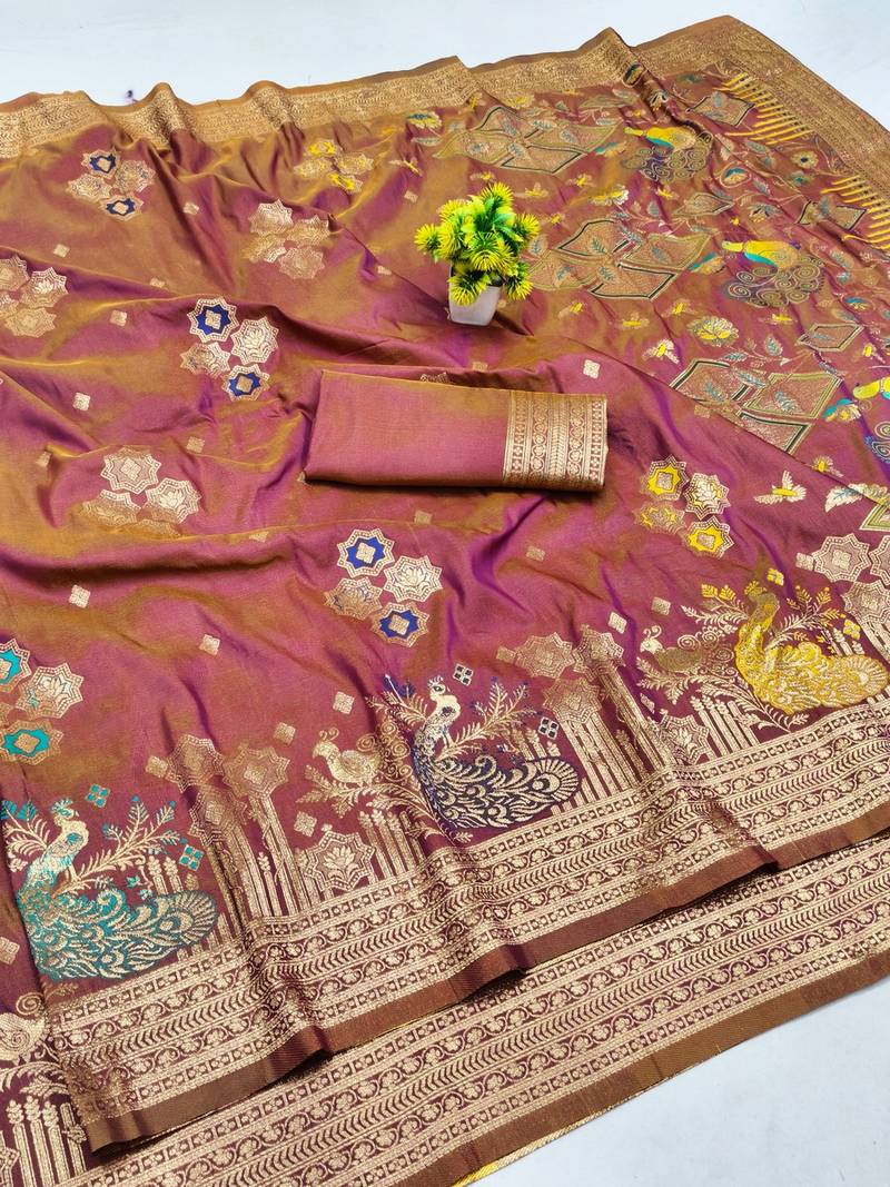 Multicolor pista zari woven paithani silk blend saree with blouse piece