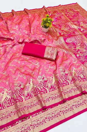Pink zari woven banarasi silk blend saree with blouse piece