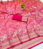 Pink zari woven banarasi silk blend saree with blouse piece