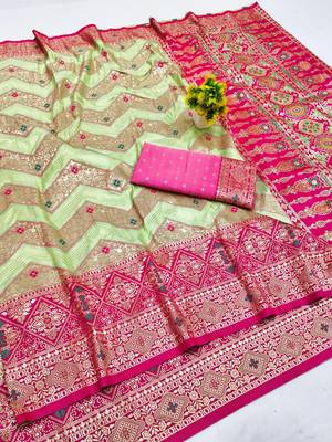 Light green zari woven silk blend saree with blouse piece 1