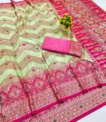 Light green zari woven banarasi silk blend saree with blouse piece