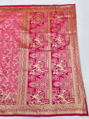 Pink zari woven silk blend saree with blouse piece 2