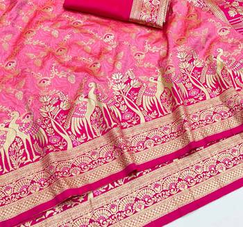 Pink zari woven silk blend saree with blouse piece 3