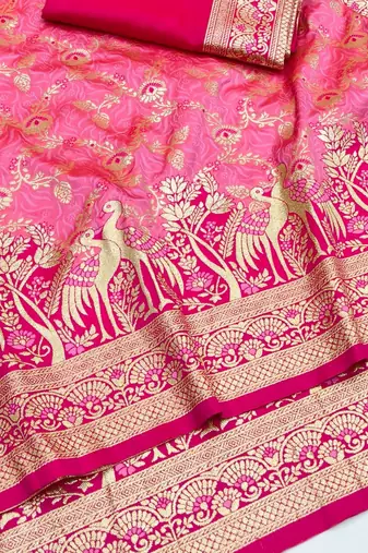 Pink zari woven silk blend saree with blouse piece