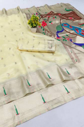 Cream zari woven paithani organza silk blend traditional saree with blouse piece