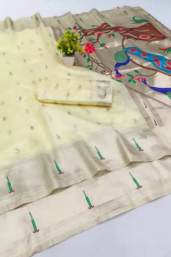 Cream zari woven paithani organza silk blend saree with blouse piece