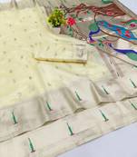 Cream zari woven paithani organza silk blend traditional saree with blouse piece