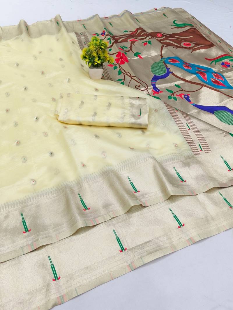 Cream zari woven paithani organza silk blend traditional saree with blouse piece