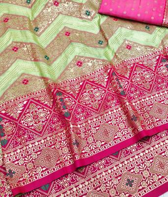 Light green zari woven silk blend saree with blouse piece 3