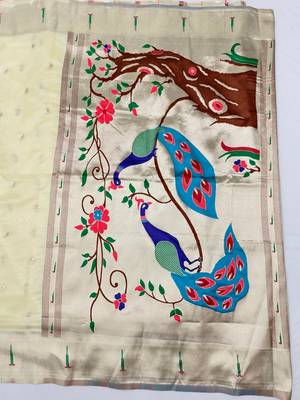 Cream zari woven paithani organza silk blend saree with blouse piece 2