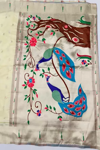 Cream zari woven paithani organza silk blend saree with blouse piece